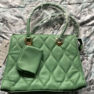 Green Quilted Tote Bag with Pouch